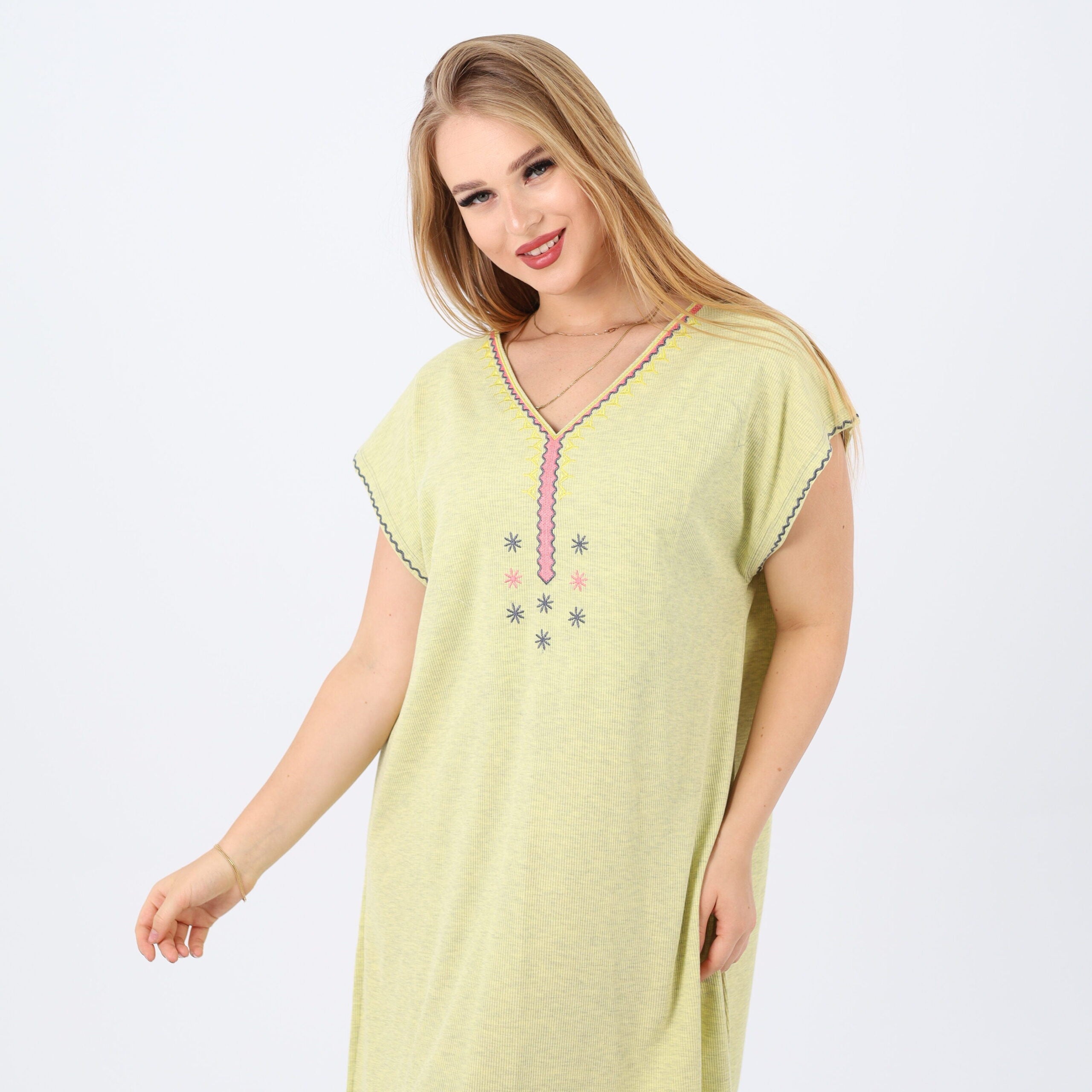 Women's Cotton V-Neck Nightgown with Delicate Embroidery - Soft and Comfortable