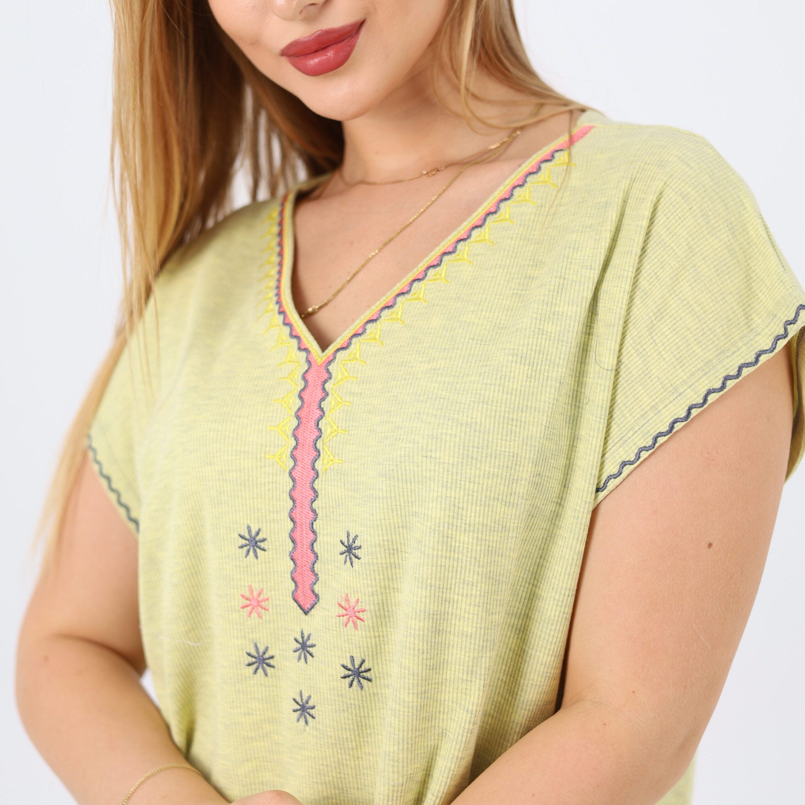 Women's Cotton V-Neck Nightgown with Delicate Embroidery - Soft and Comfortable