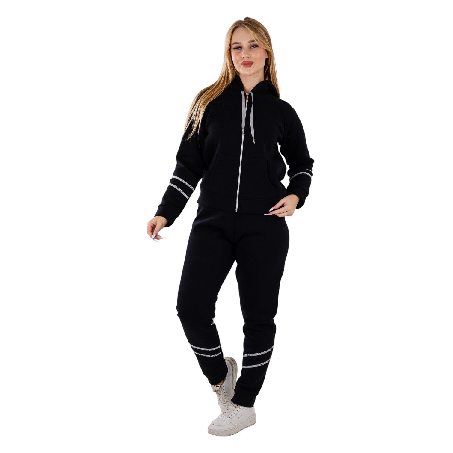 Women’s Black Hooded Tracksuit Set – Zip-Up Hoodie & Jogger Pants