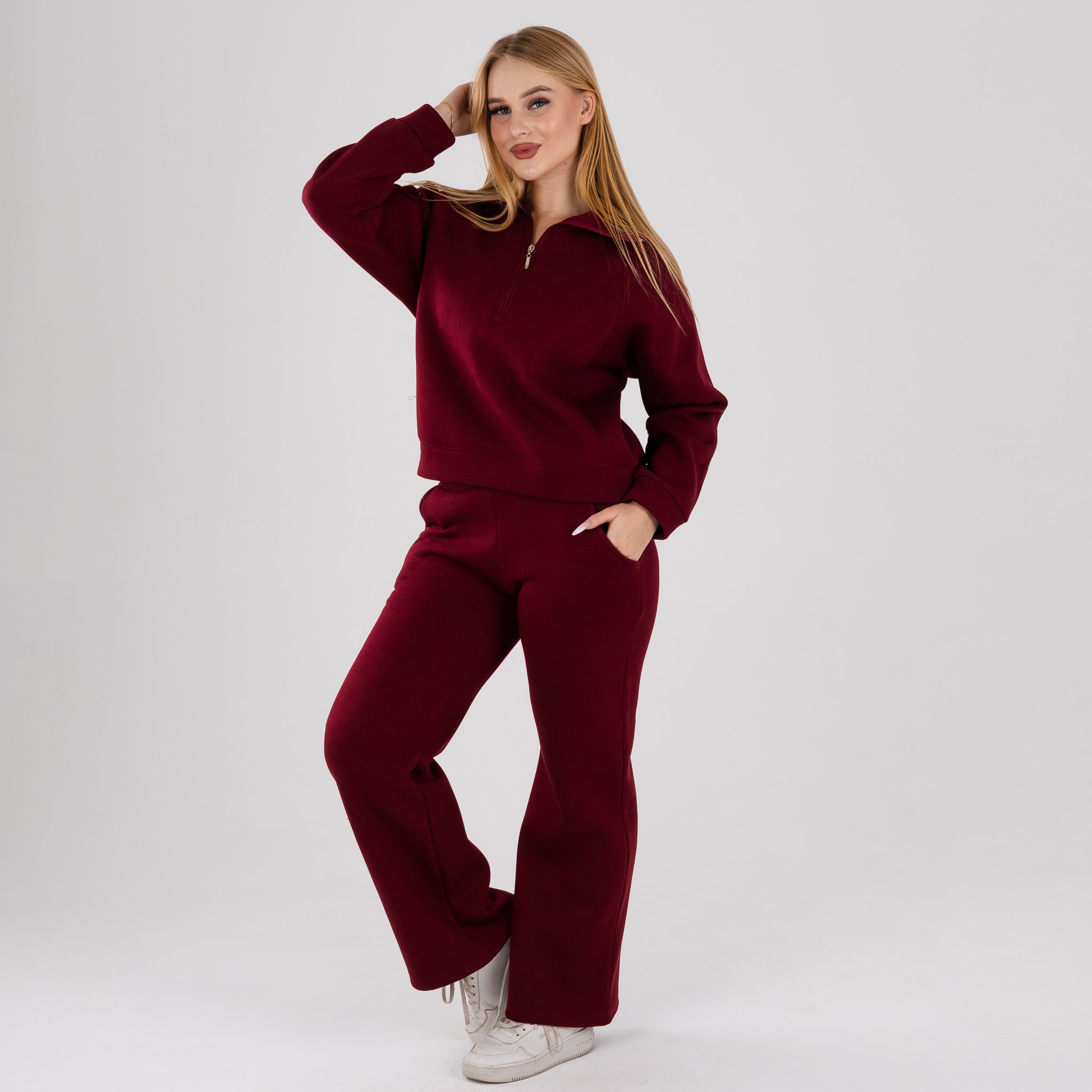 Women’s Zip-Neck Loungewear Set – Cozy Sweatshirt & Wide-Leg Pants
