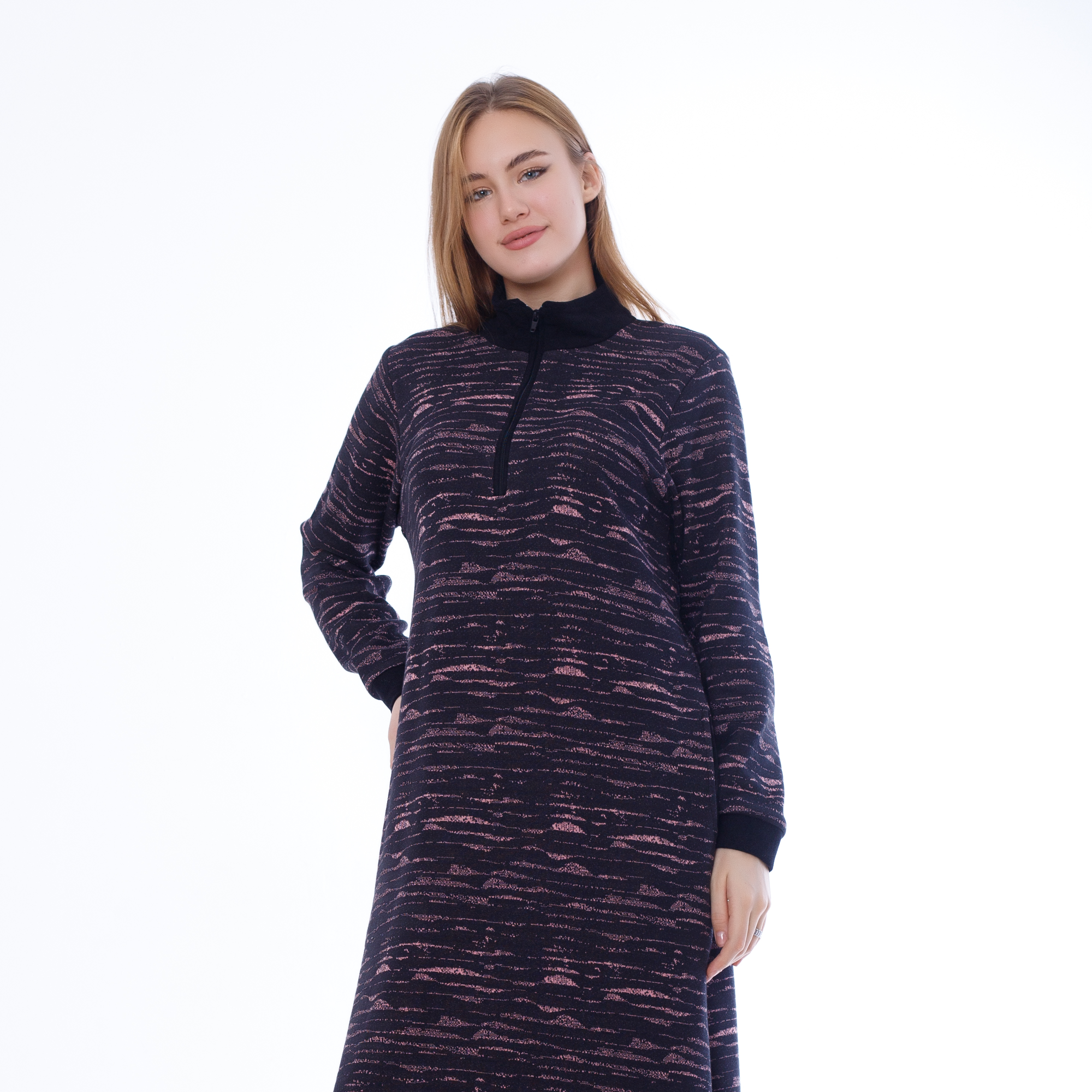 Winter Embroidered Nightdress – Zipper & Side Pockets