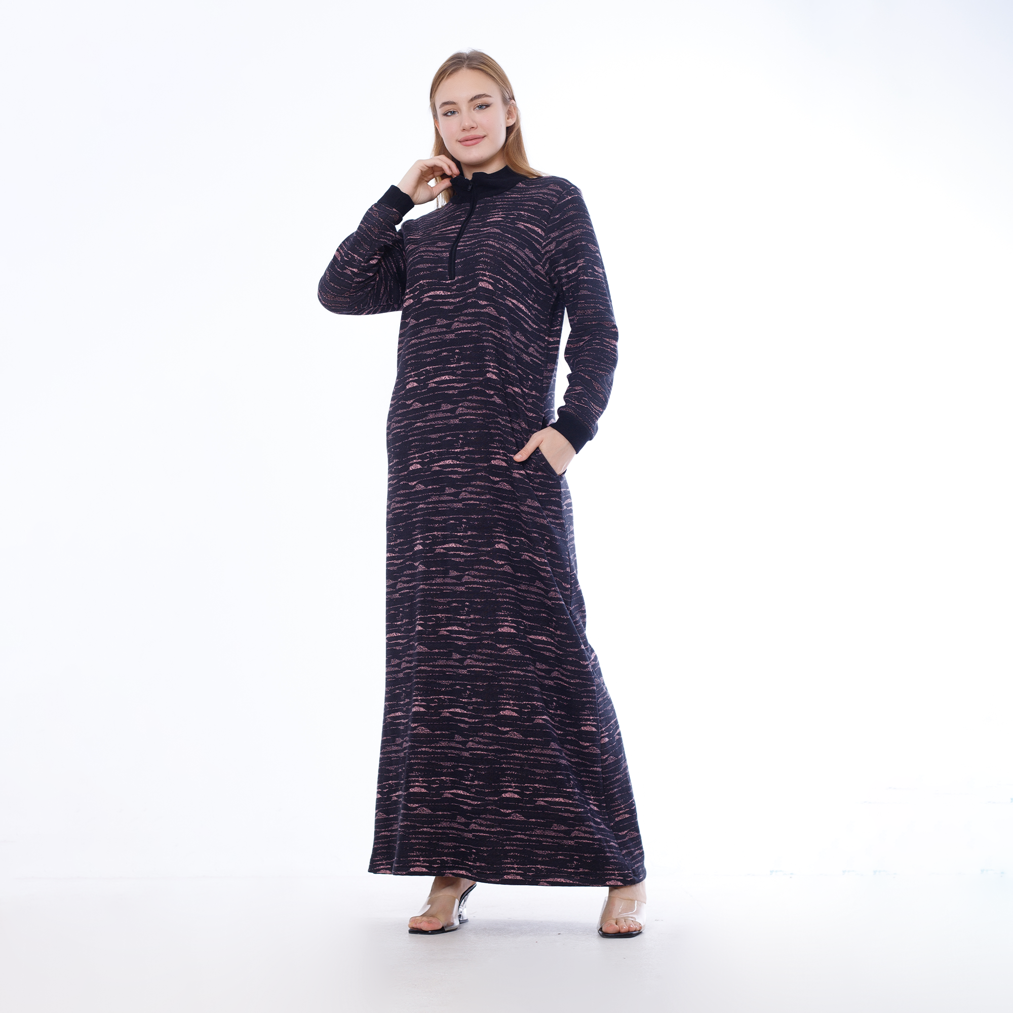 Winter Embroidered Nightdress – Zipper & Side Pockets