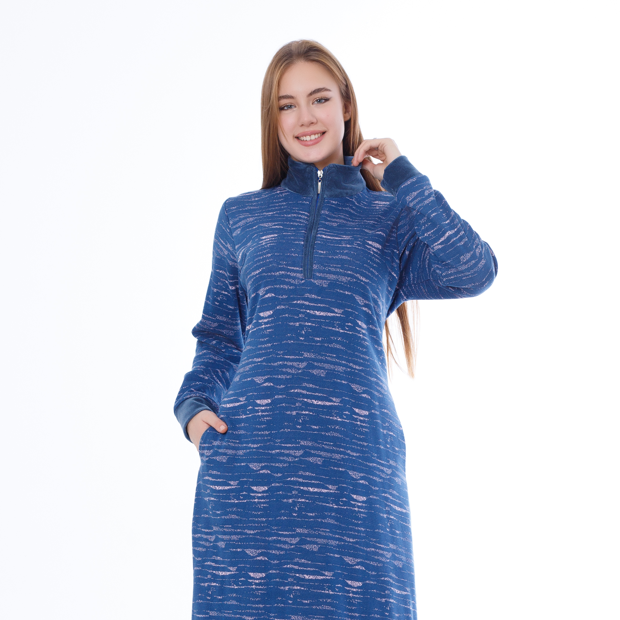Winter Embroidered Nightdress – Zipper & Side Pockets