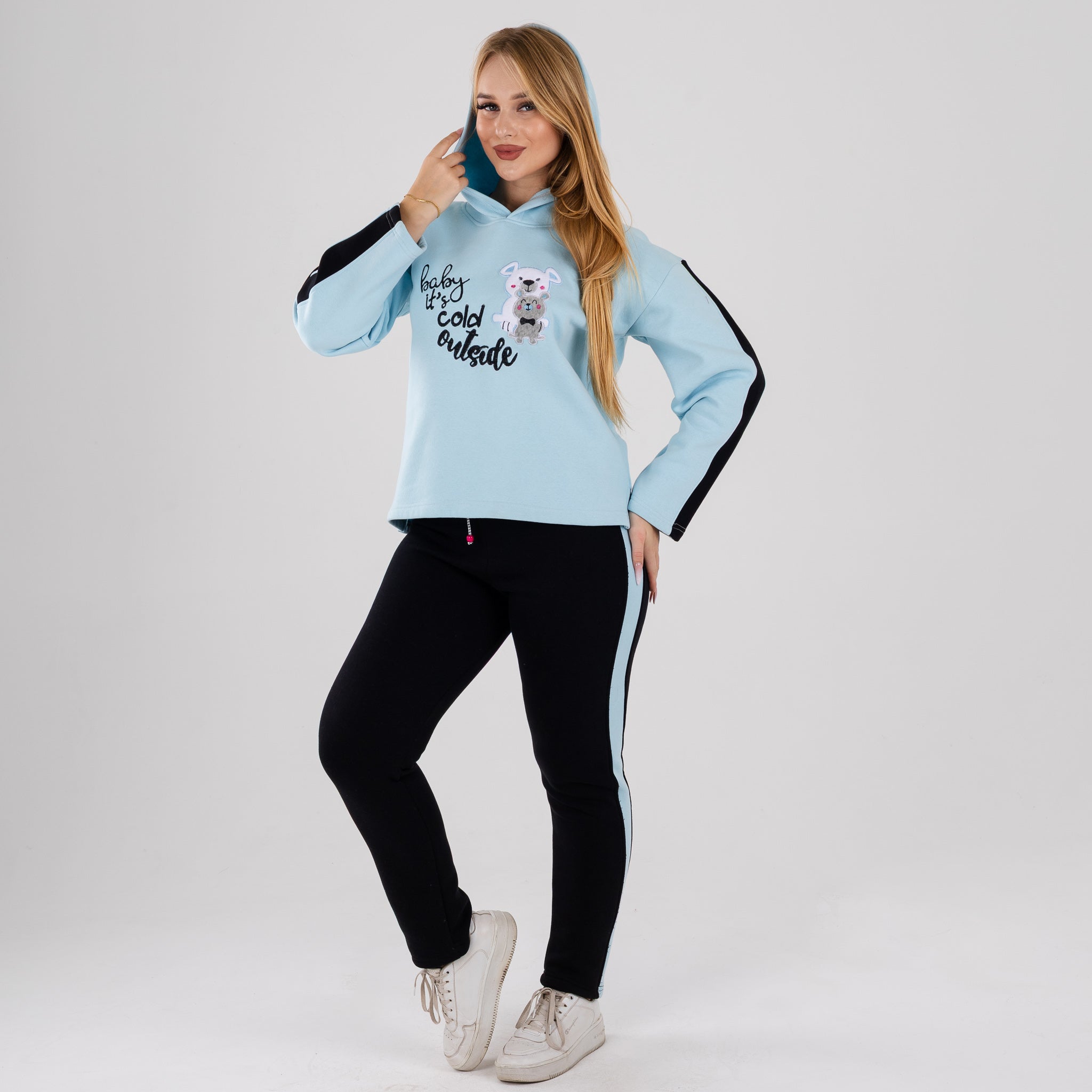 Women's 2-Piece Lounge Set - "Baby It's Cold Outside" Graphic Hoodie & Striped Leggings