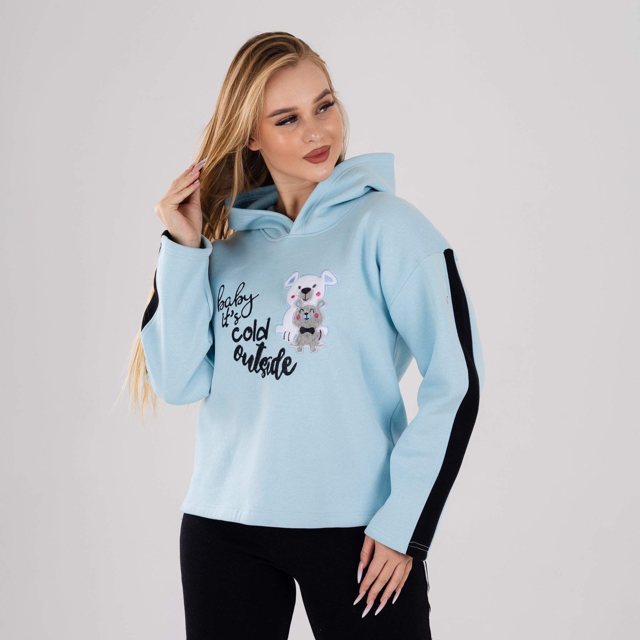 Women's 2-Piece Lounge Set - "Baby It's Cold Outside" Graphic Hoodie & Striped Leggings