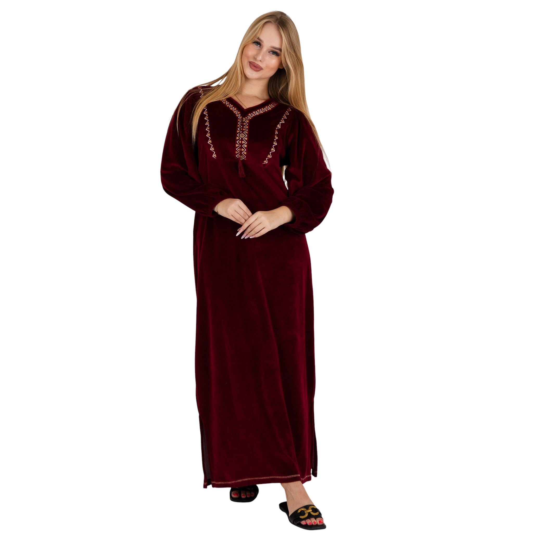 Luxury Velvet Maroon Abaya with Embroidered Neckline