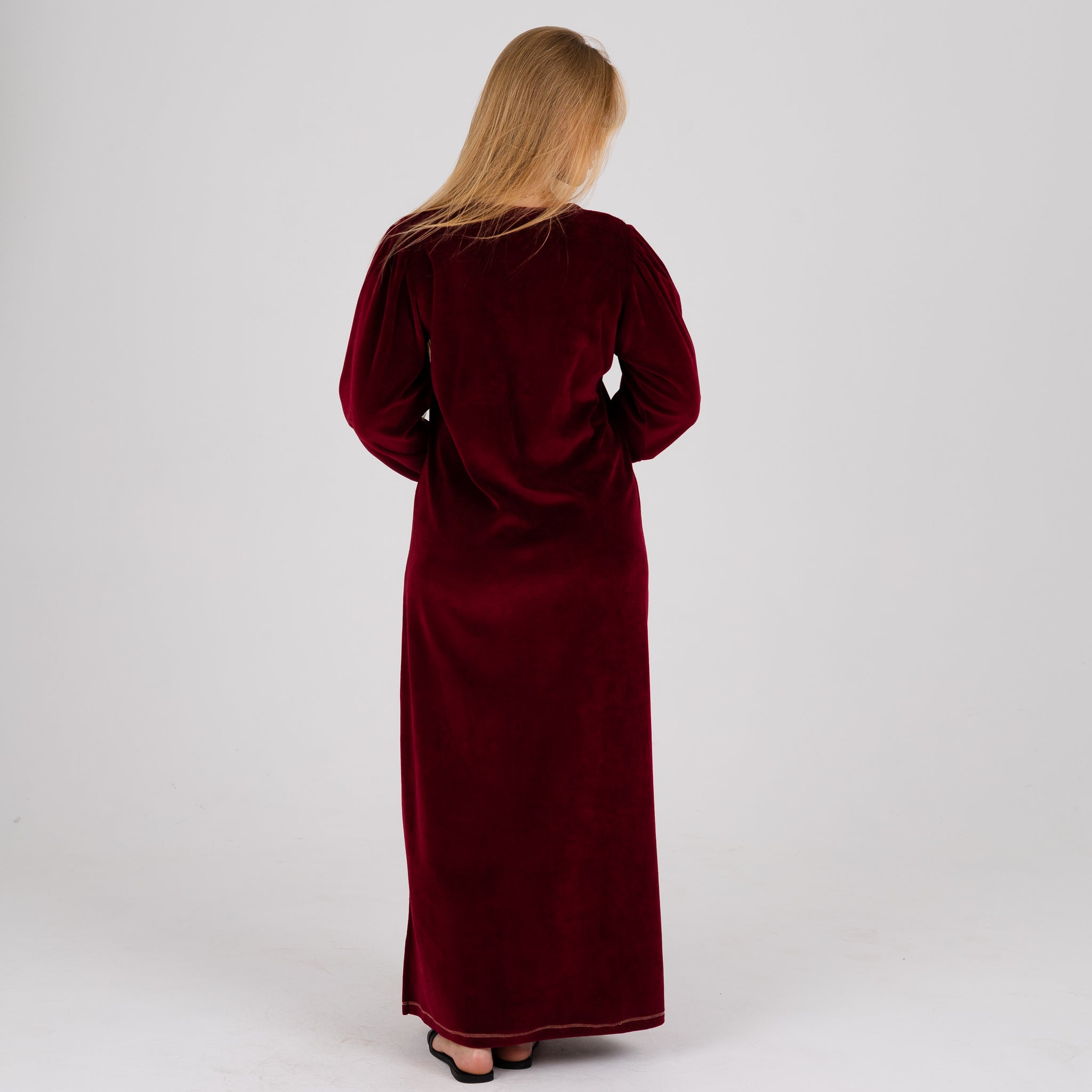 Luxury Velvet Maroon Abaya with Embroidered Neckline
