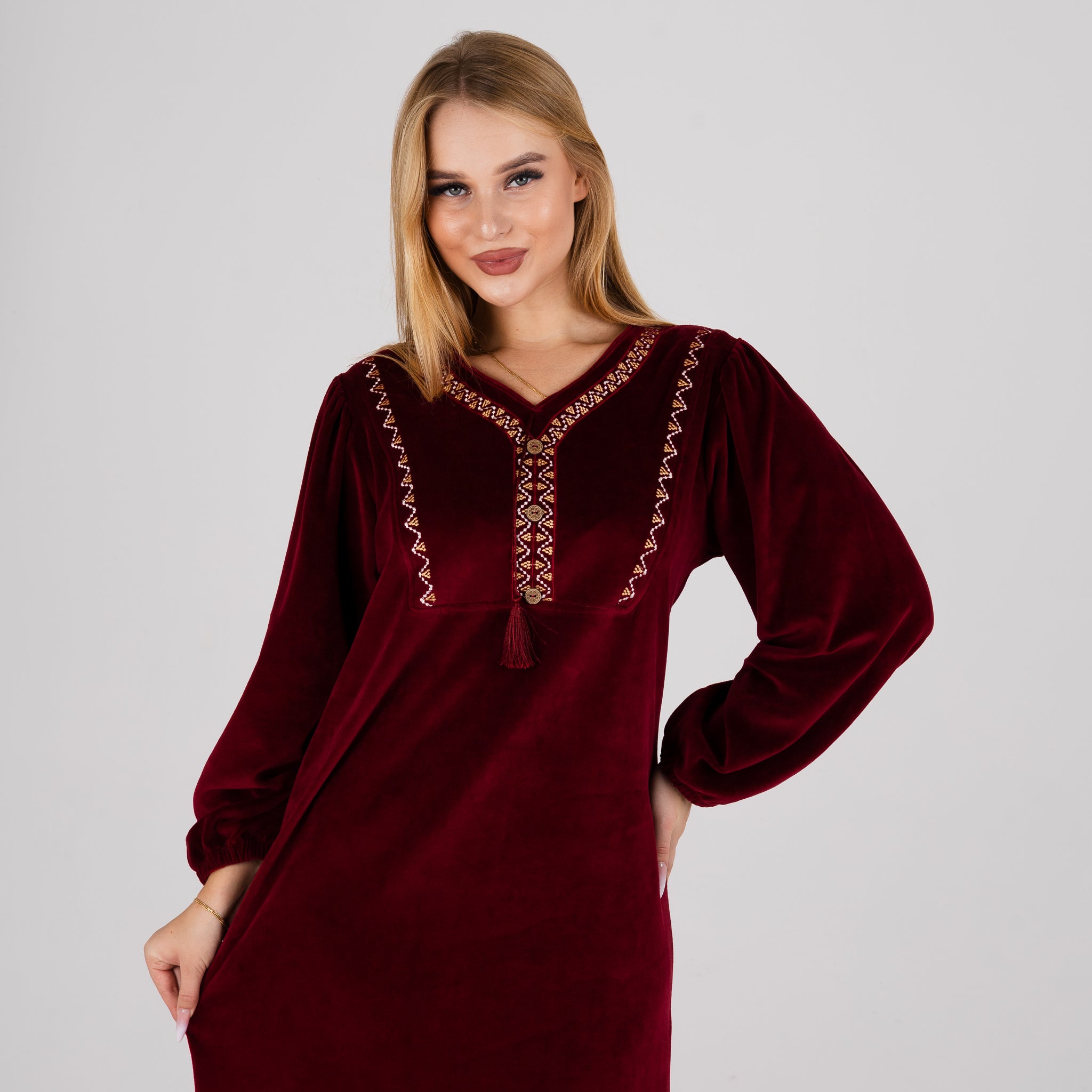 Luxury Velvet Maroon Abaya with Embroidered Neckline