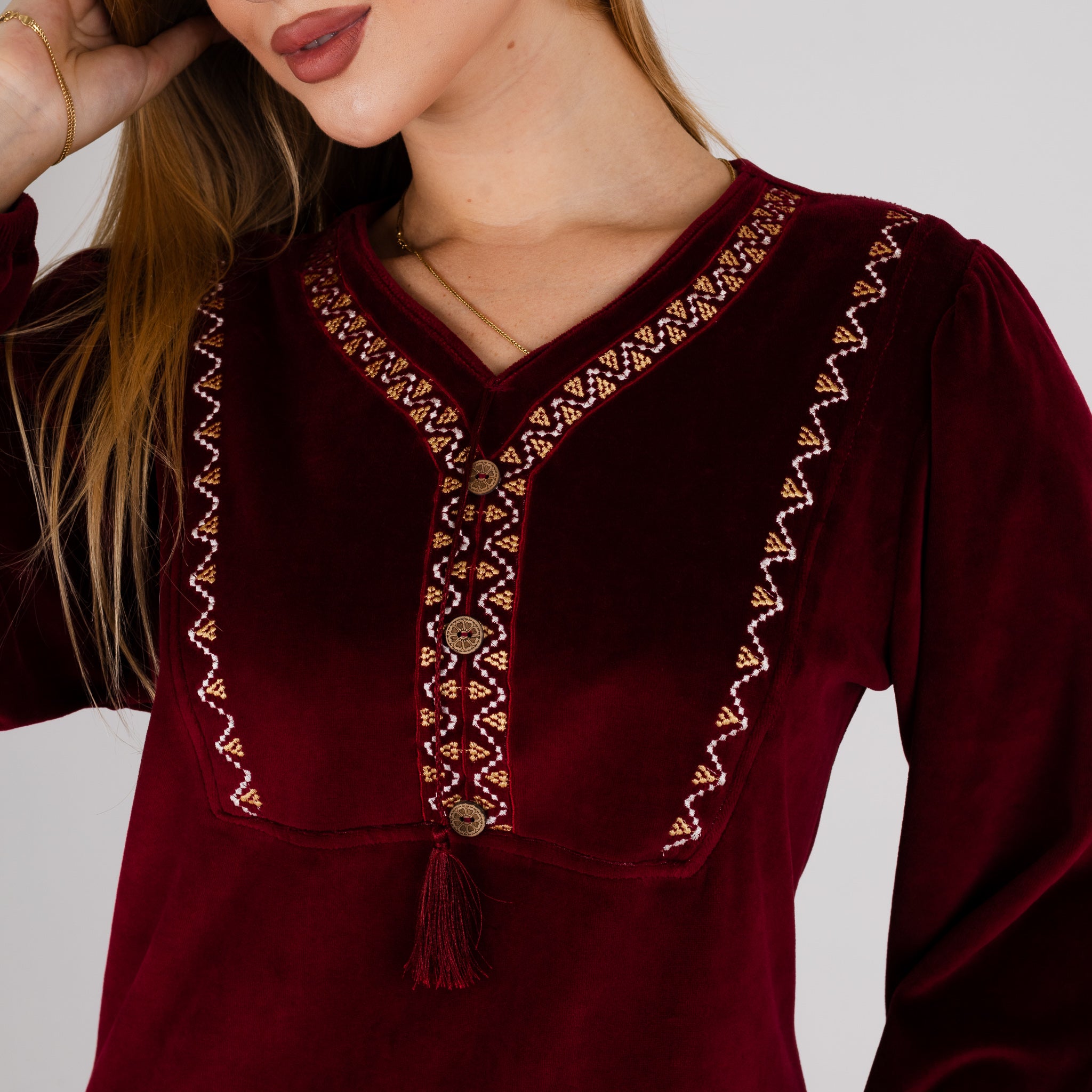 Luxury Velvet Maroon Abaya with Embroidered Neckline