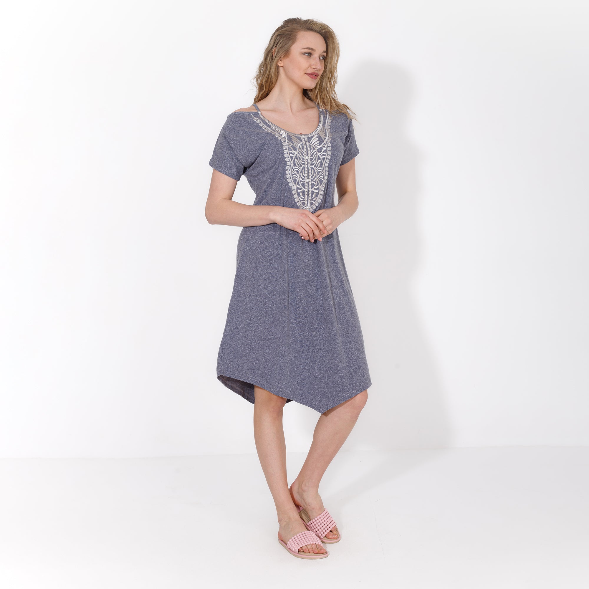 Women's Short Home Dress with Front Embroidery