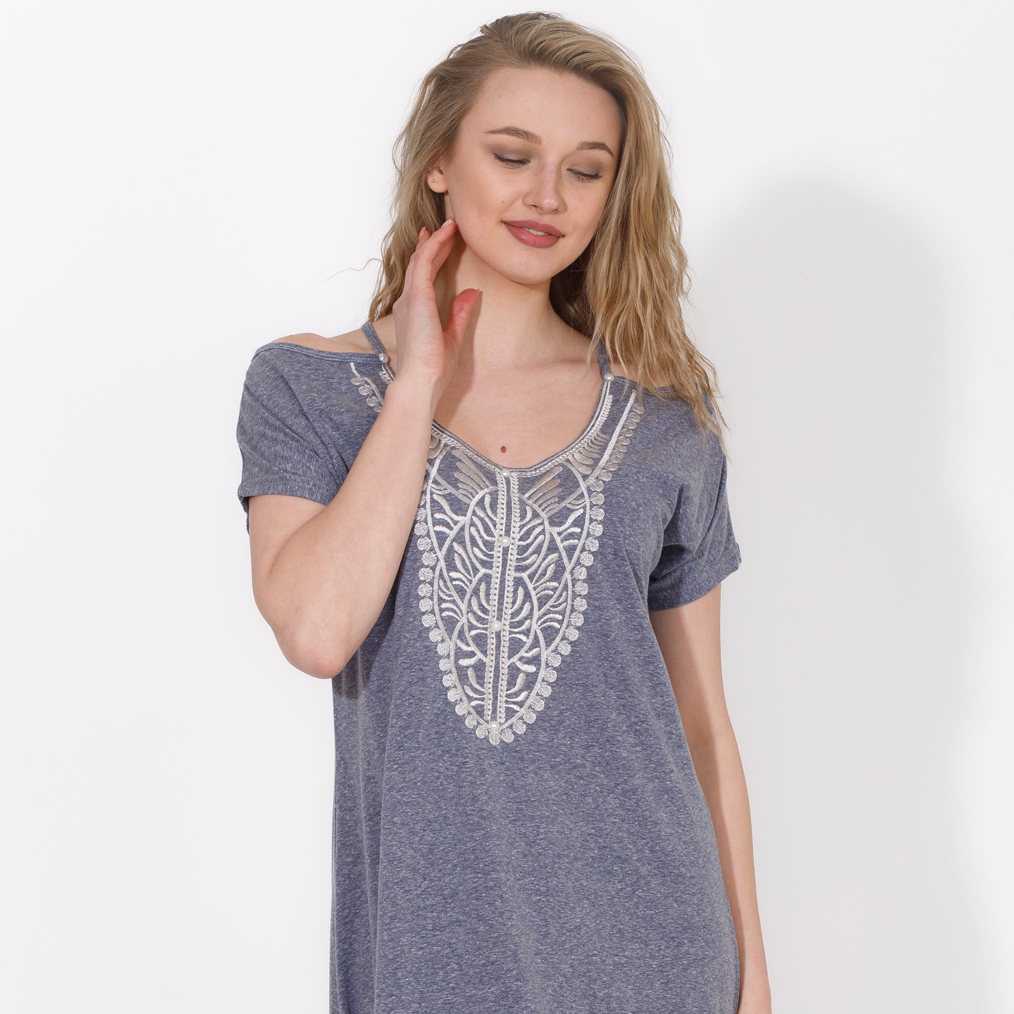Women's Short Home Dress with Front Embroidery