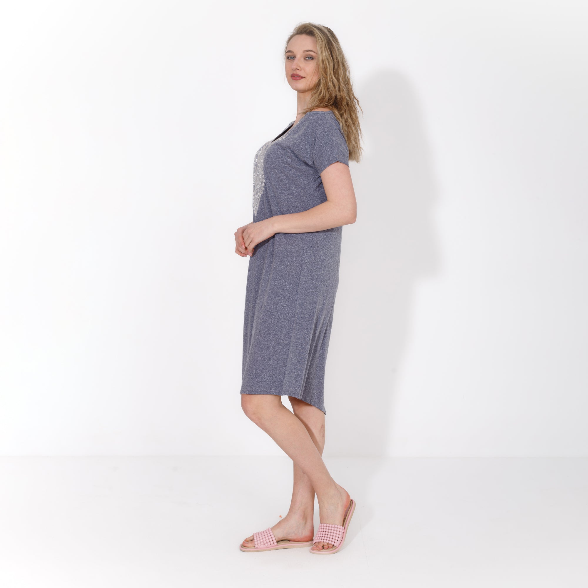 Women's Short Home Dress with Front Embroidery