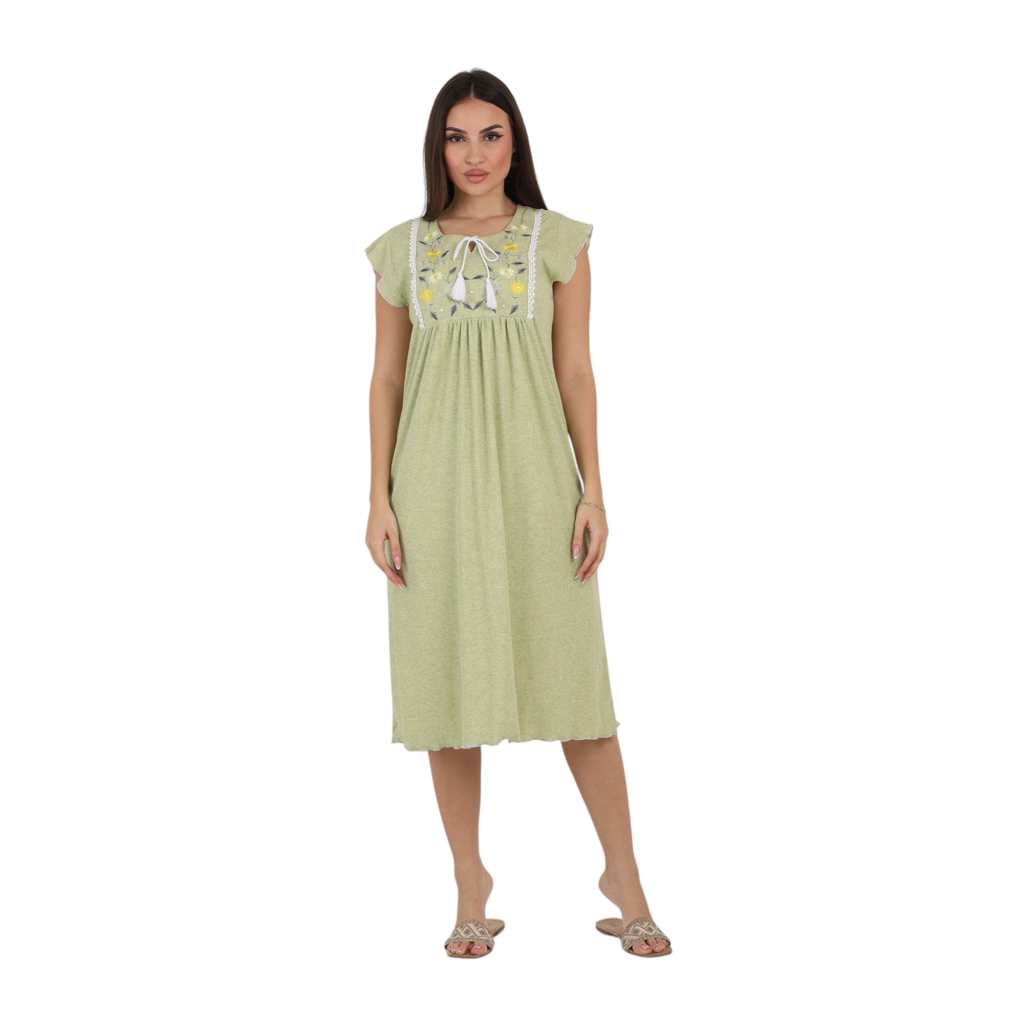 Embroidered Tie-Neck Nightgown
