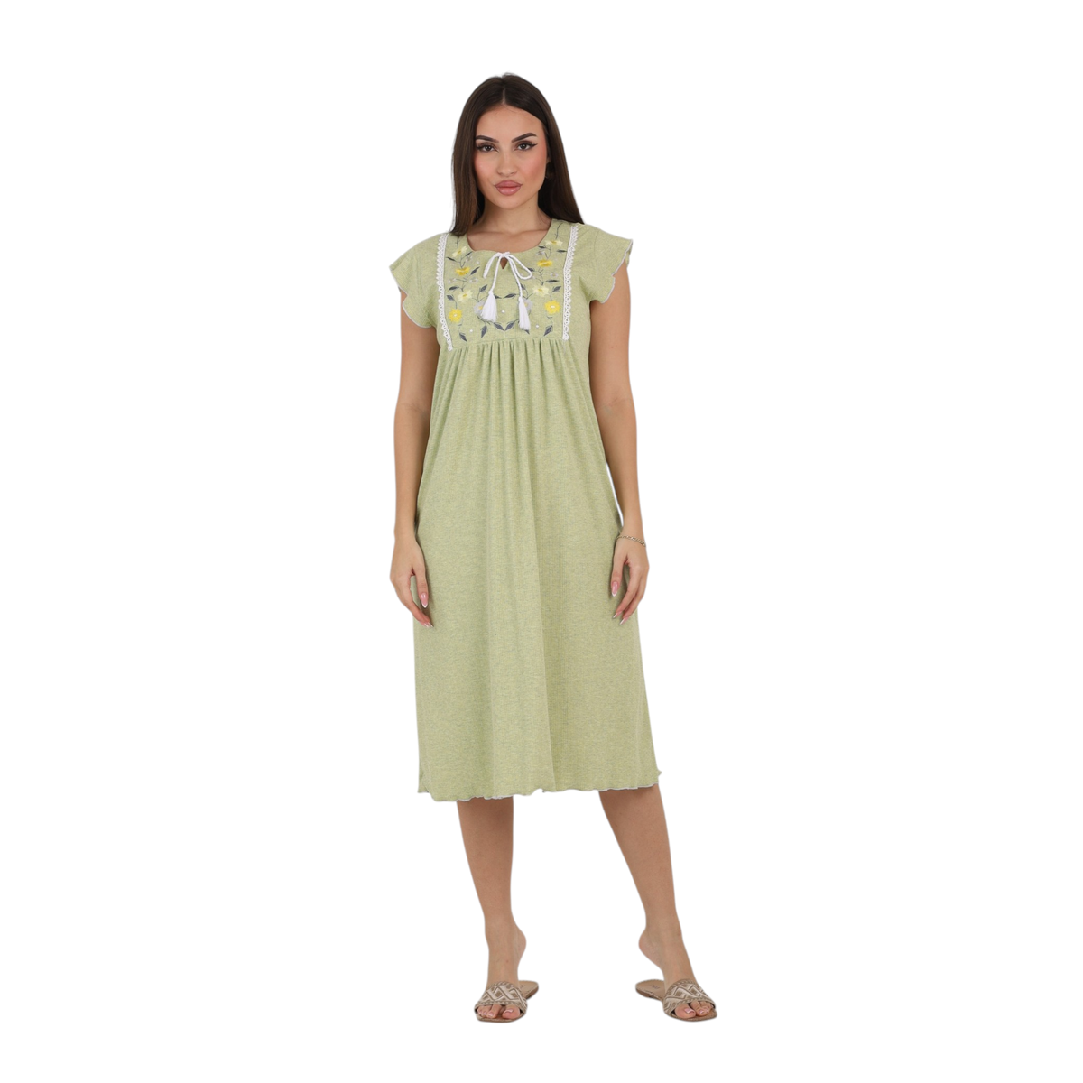 Embroidered Tie-Neck Nightgown