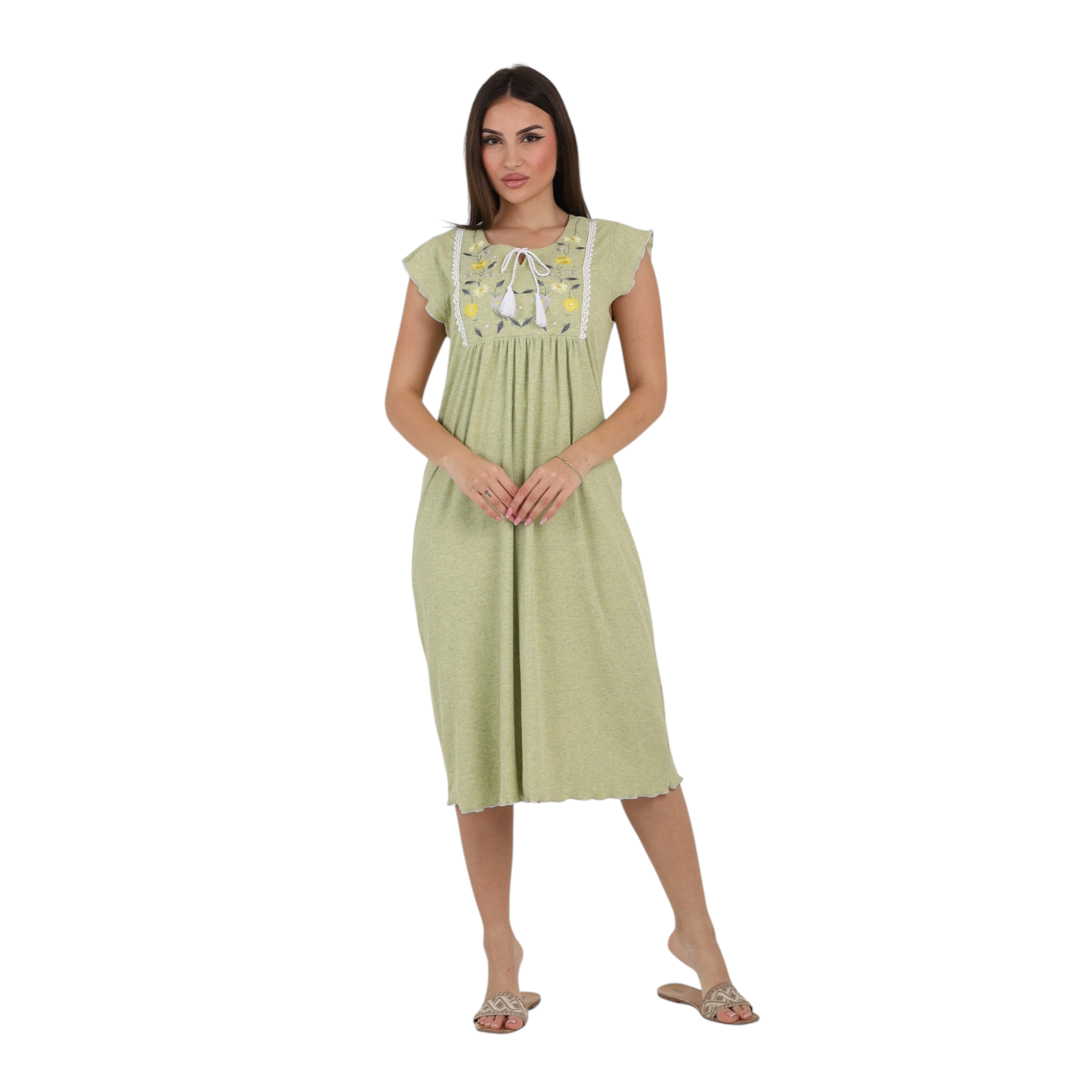 Embroidered Tie-Neck Nightgown