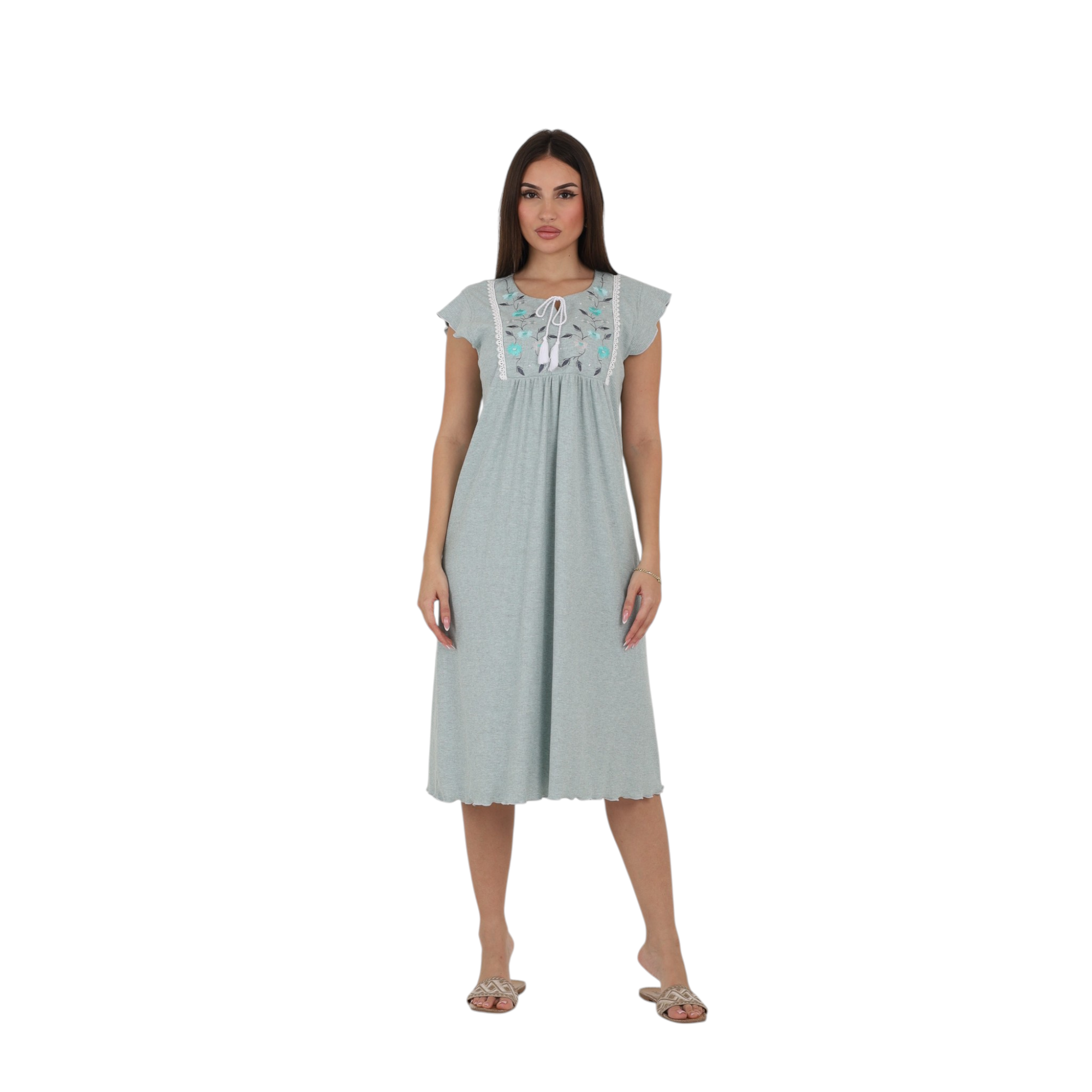 Embroidered Tie-Neck Nightgown