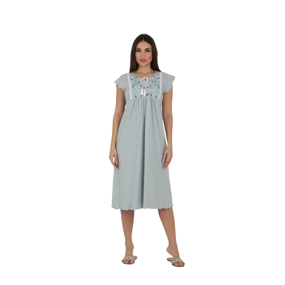 Embroidered Tie-Neck Nightgown