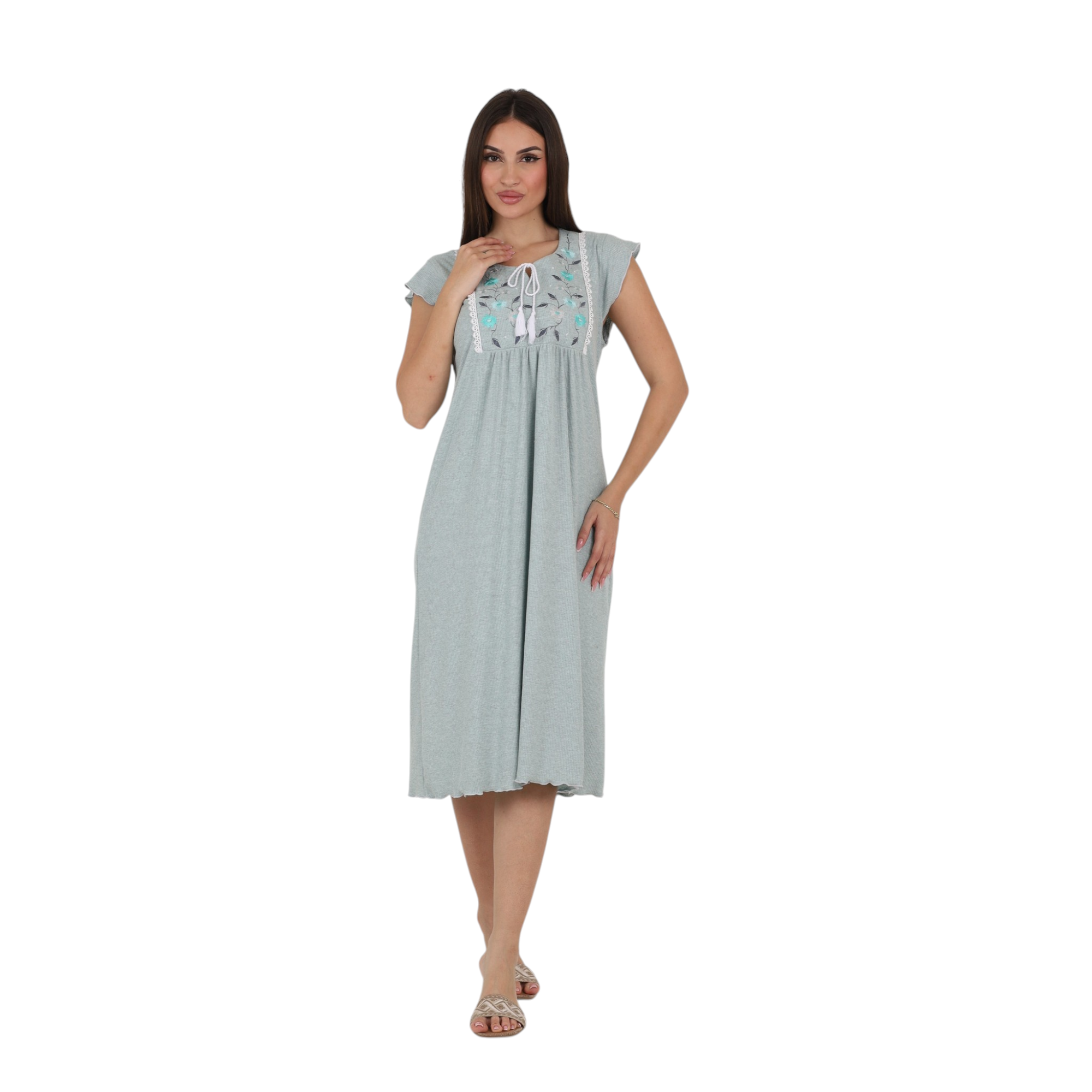 Embroidered Tie-Neck Nightgown
