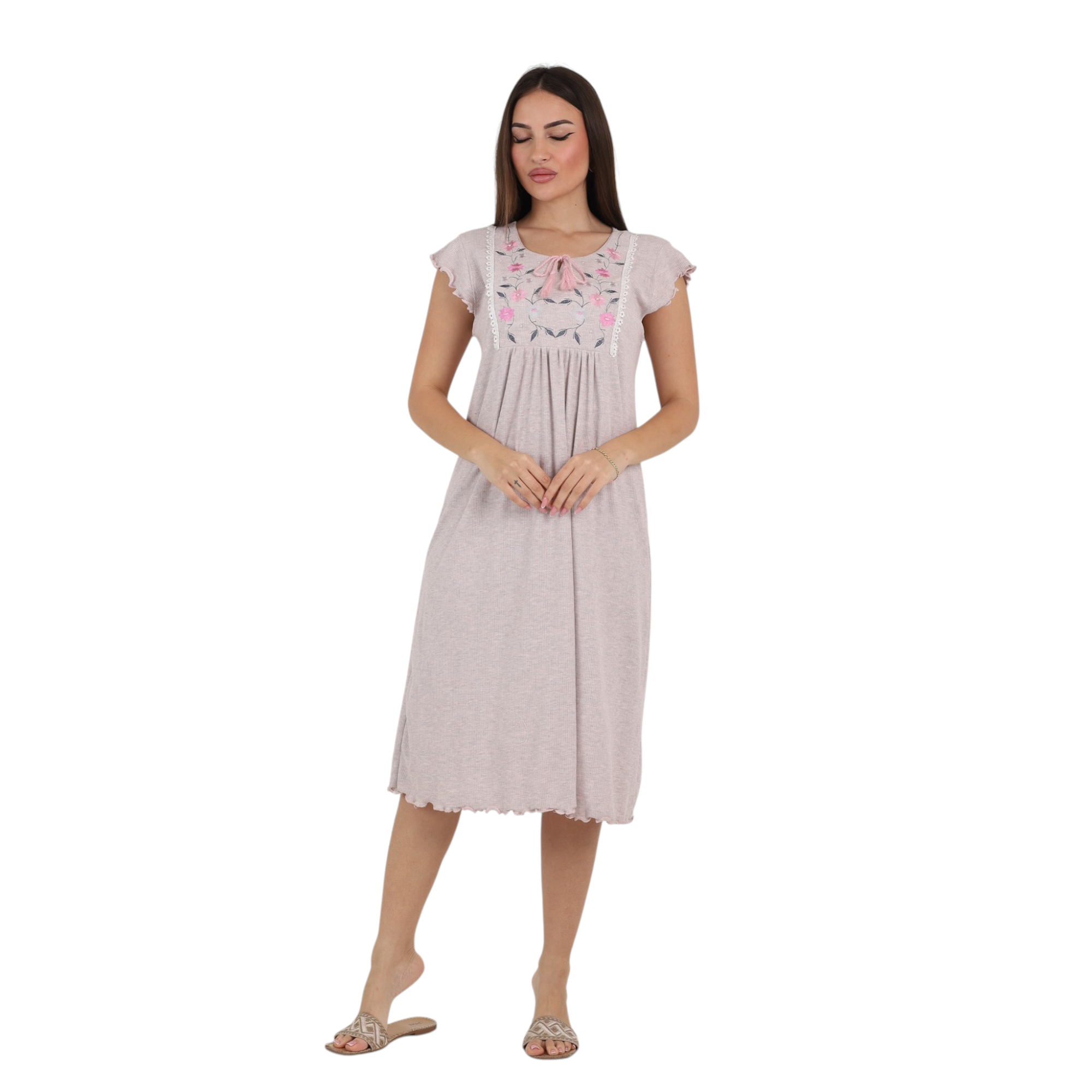 Embroidered Tie-Neck Nightgown