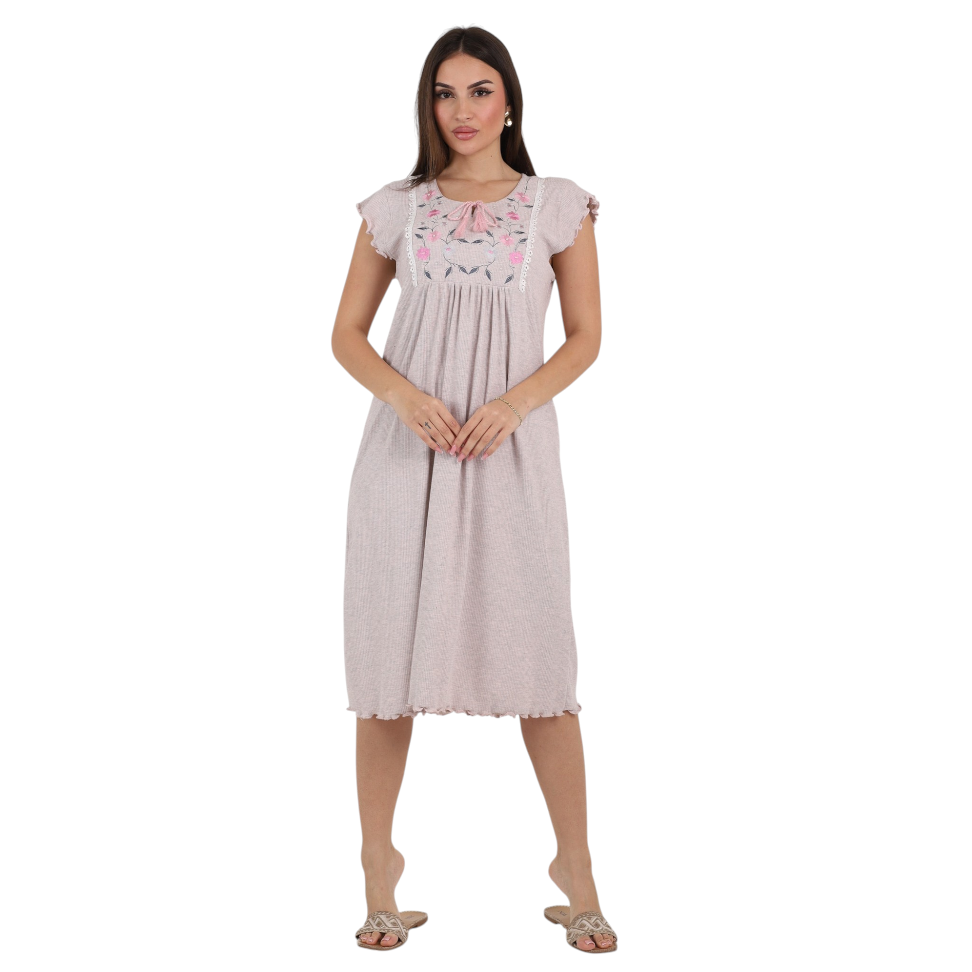 Embroidered Tie-Neck Nightgown