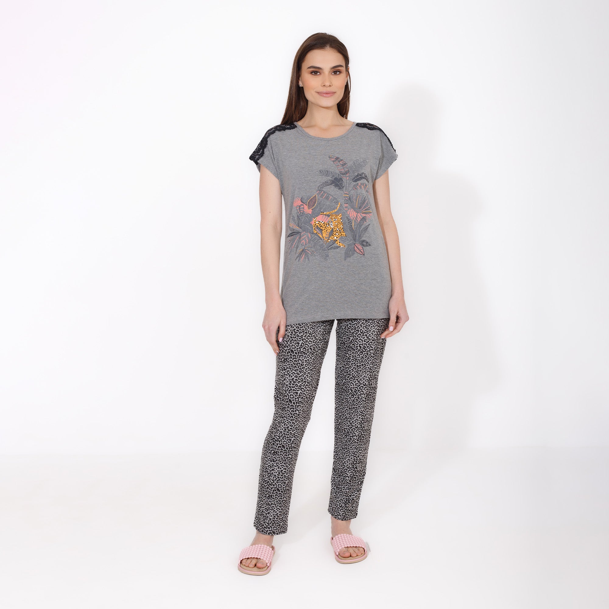 Women's Grey Pajama Set with Leopard Print – Lace Shoulder Top & Leopard Pattern Pants