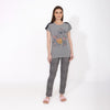 Women's Grey Pajama Set with Leopard Print – Lace Shoulder Top & Leopard Pattern Pants