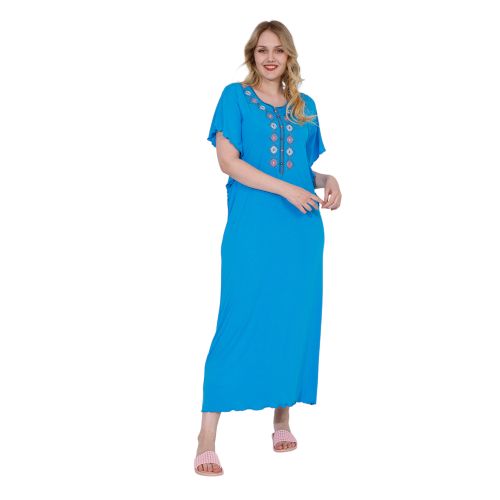 Bright Blue Maxi Dress with Embroidered Front