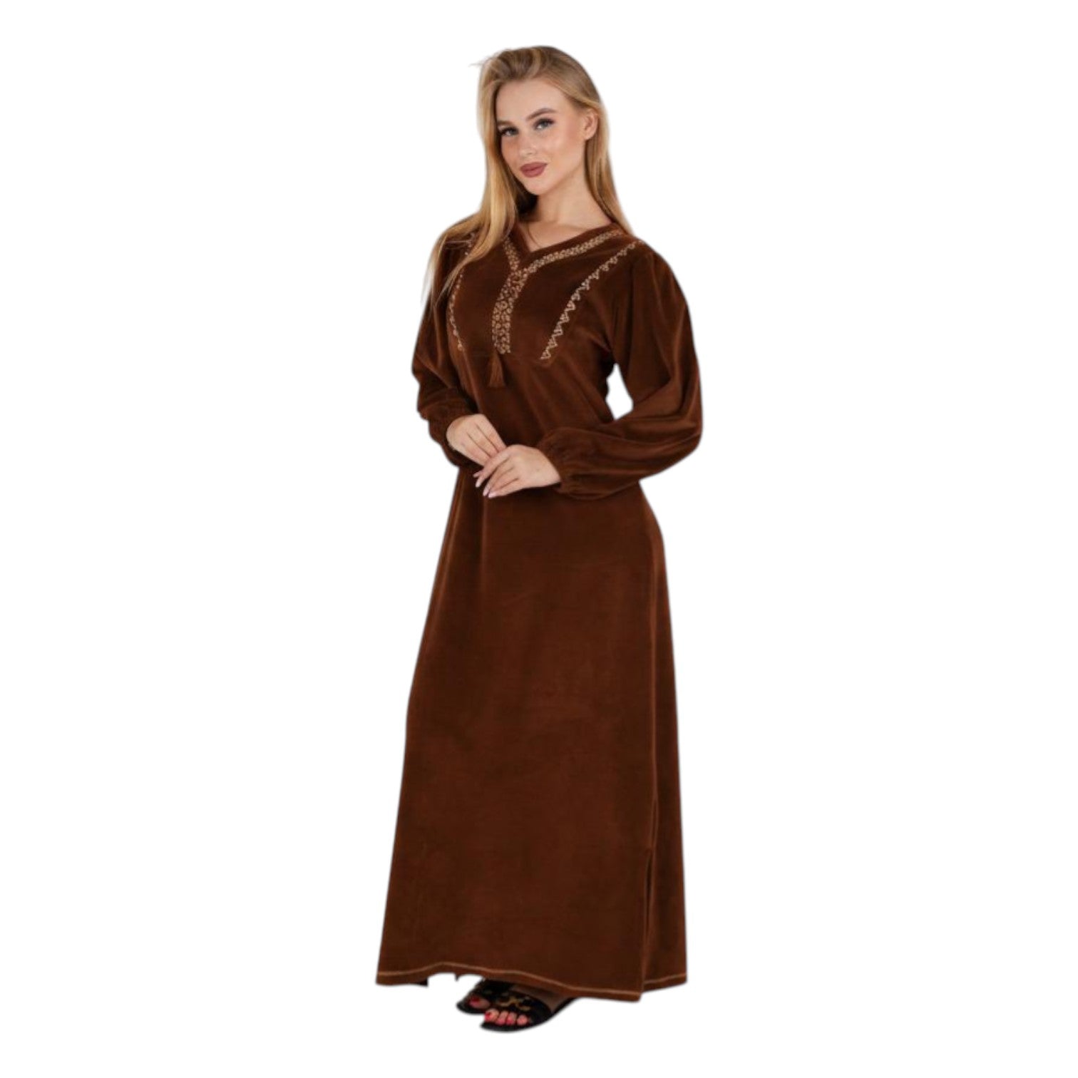 Luxury Velvet Maroon Abaya with Embroidered Neckline