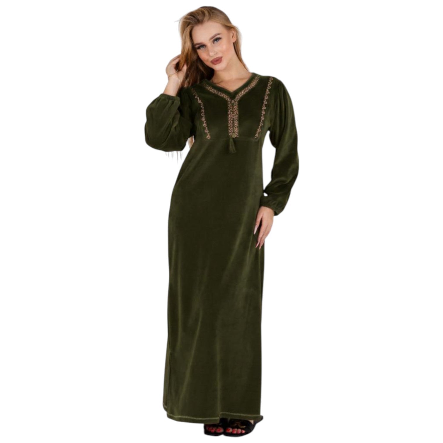 Luxury Velvet Maroon Abaya with Embroidered Neckline