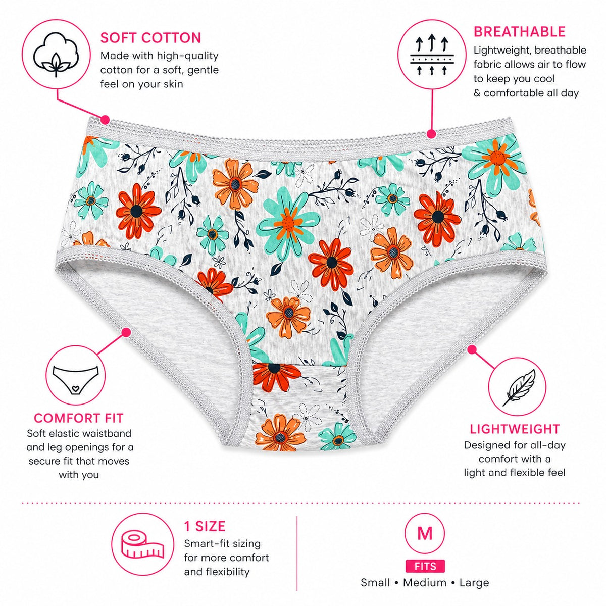 3-Pack Cotton Floral – Breathable Everyday Comfort PantiesM → Fits Medium / Also Fits Large