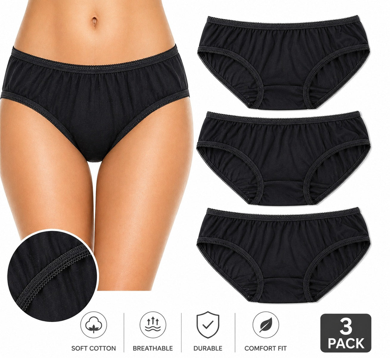 3-Pack Cotton Hipster Panties M/L → Fits Medium / Large