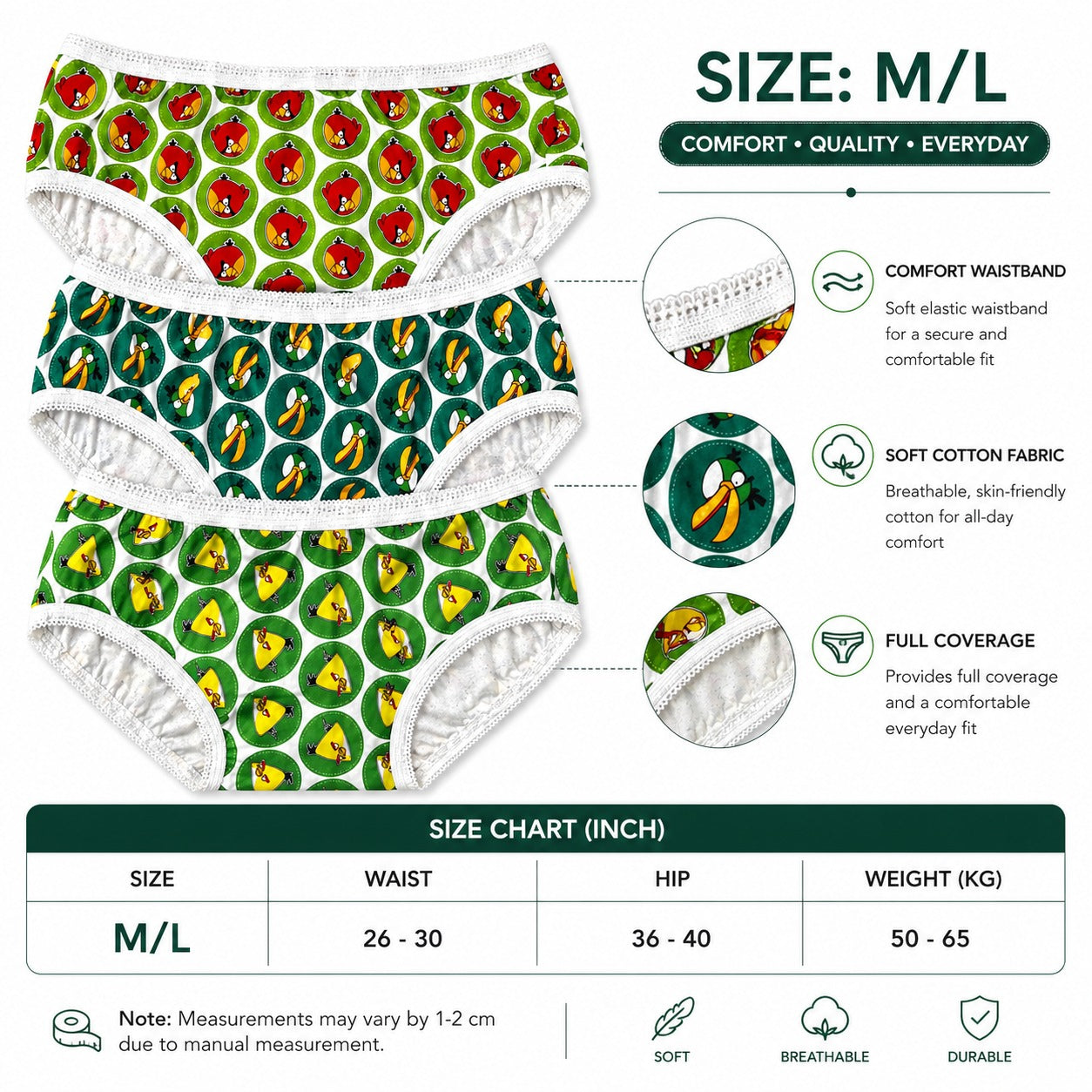 3-Pack Cotton Hipster Panties M/L → Fits Medium / Large