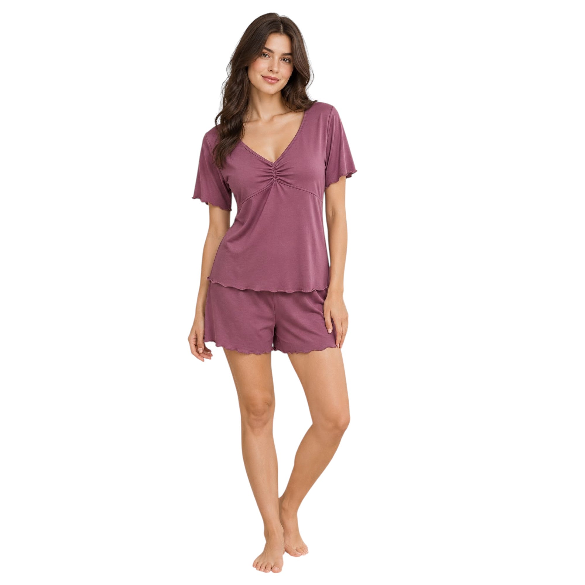 Ruched V-Neck Shorts Pajama Set