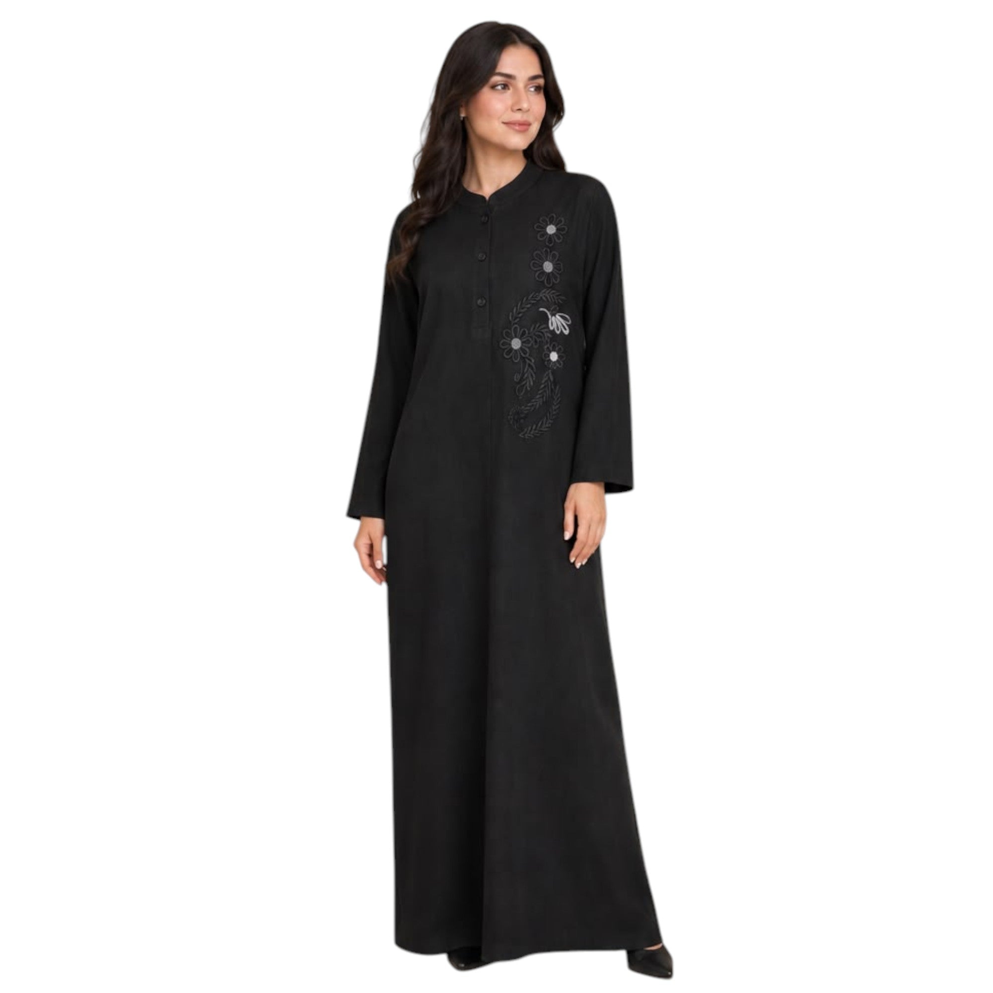 Floral Embroidered Button Abaya