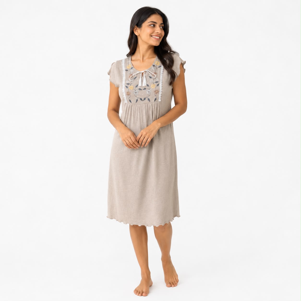 Embroidered Tie-Neck Nightgown