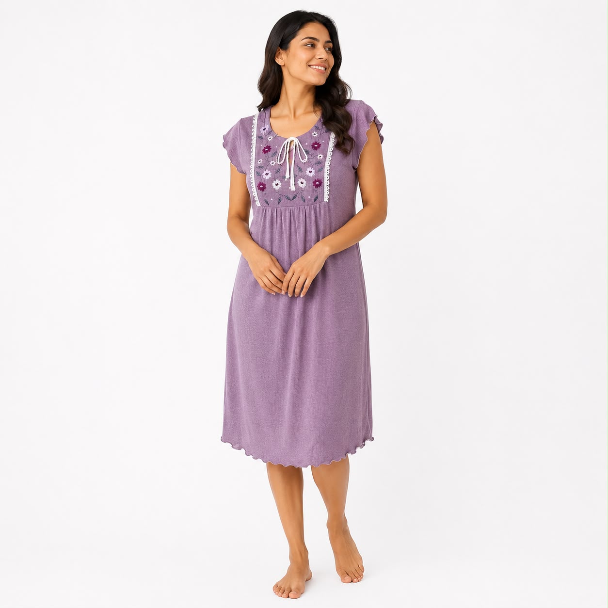 Embroidered Tie-Neck Nightgown