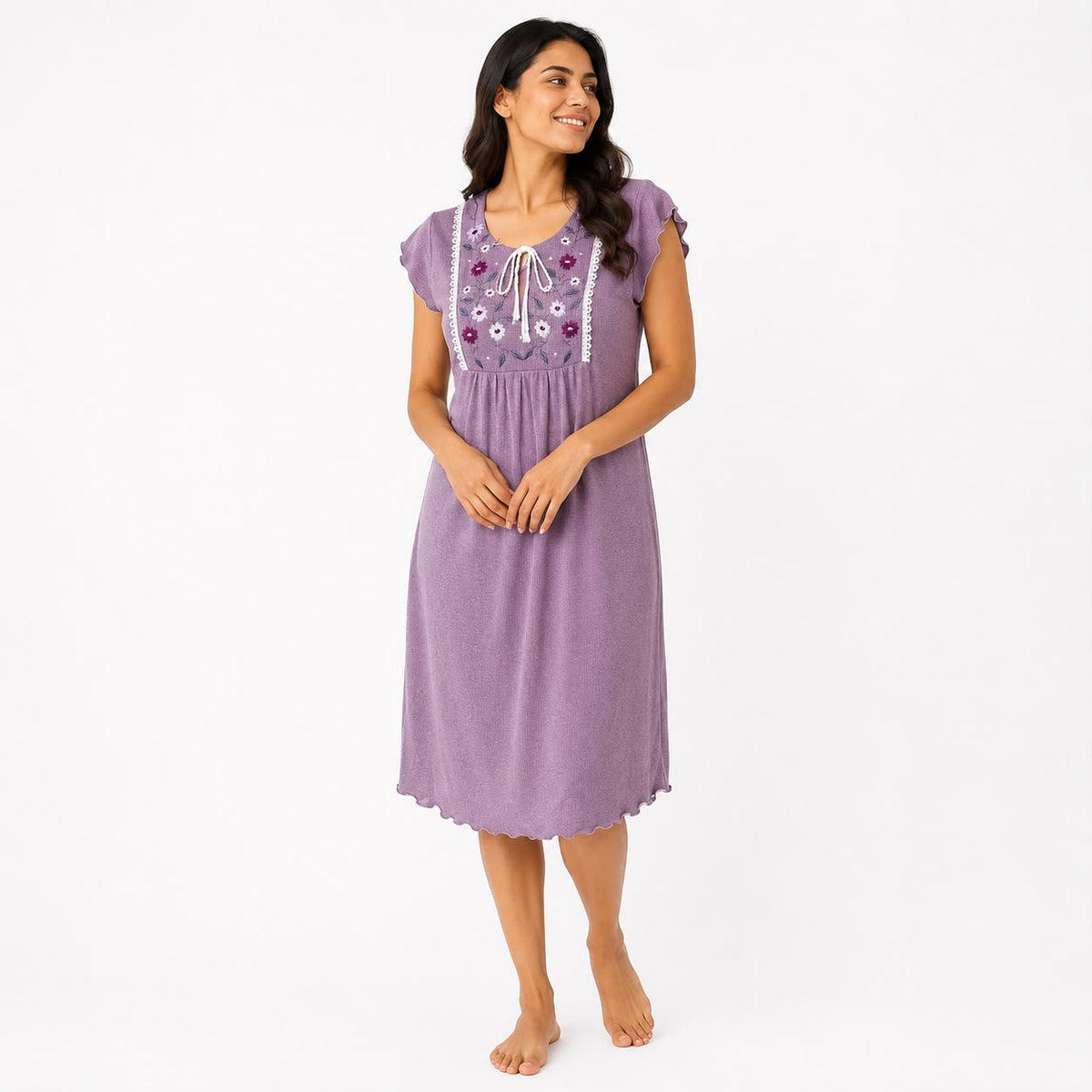 Embroidered Tie-Neck Nightgown