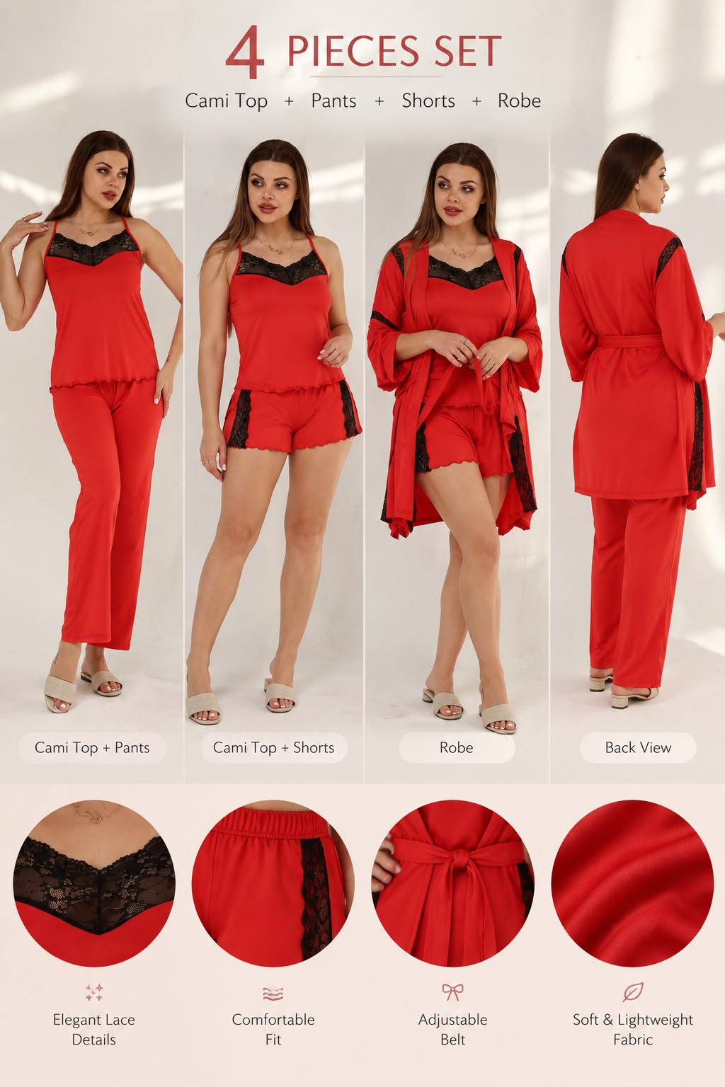 Lace Trim 4 Piece Pajama Set