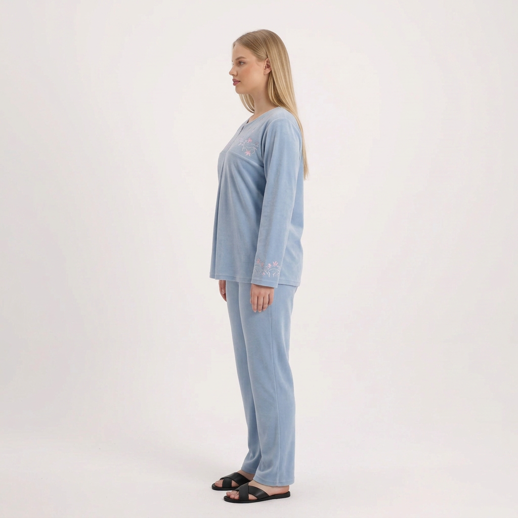 AI-generated side view of the blue pajama set