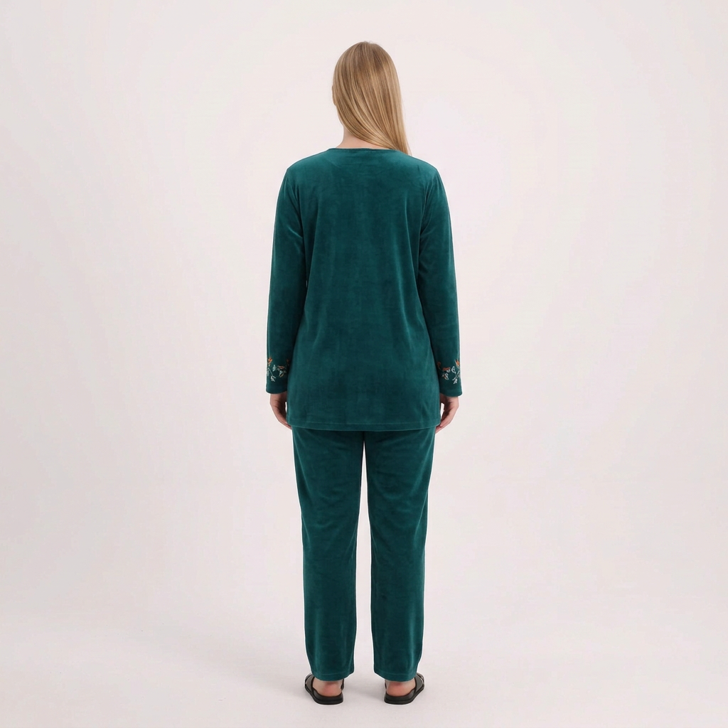 Back view of our blonde model in the teal pajama set