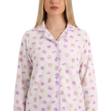 Close-up of the classic collar, buttons, and lavender pajama print