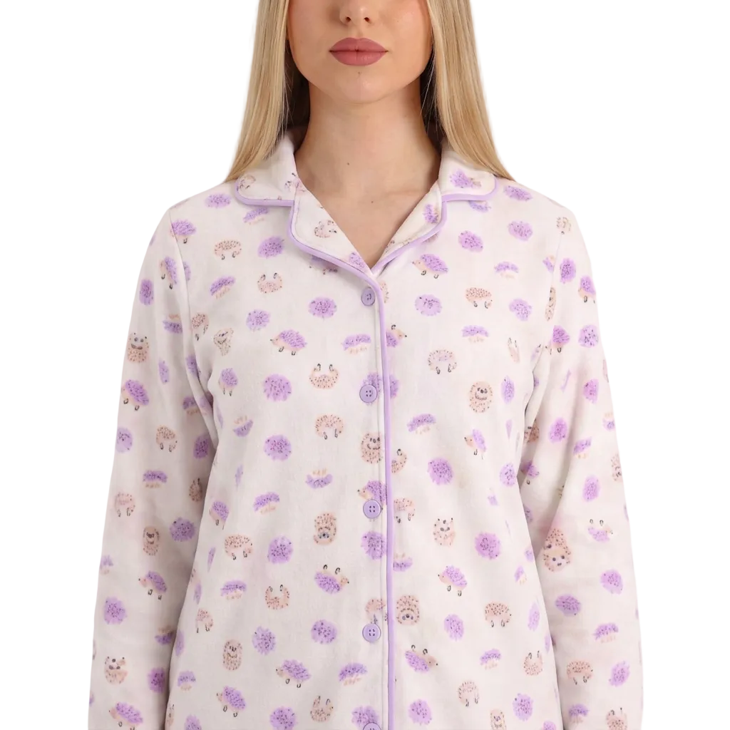 Close-up of the classic collar, buttons, and lavender pajama print