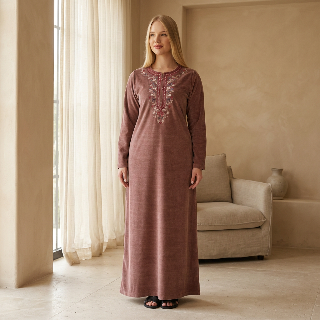 Lifestyle photo of the blonde model wearing the rose-brown embroidered abaya in a warm neutral home