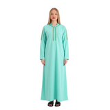Our blonde model wearing the bright mint abaya on a white background