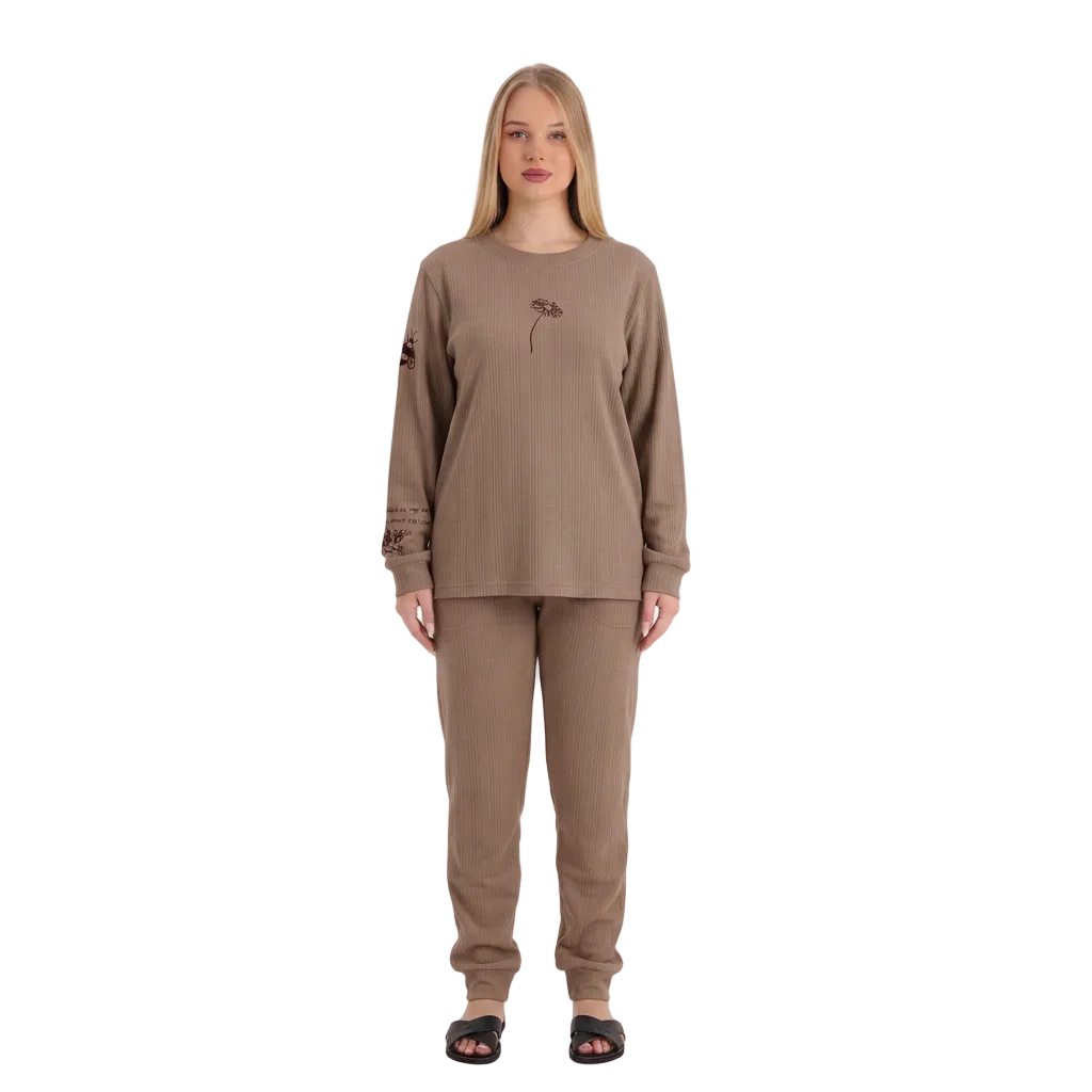 Our blonde model wearing the brown pajama set