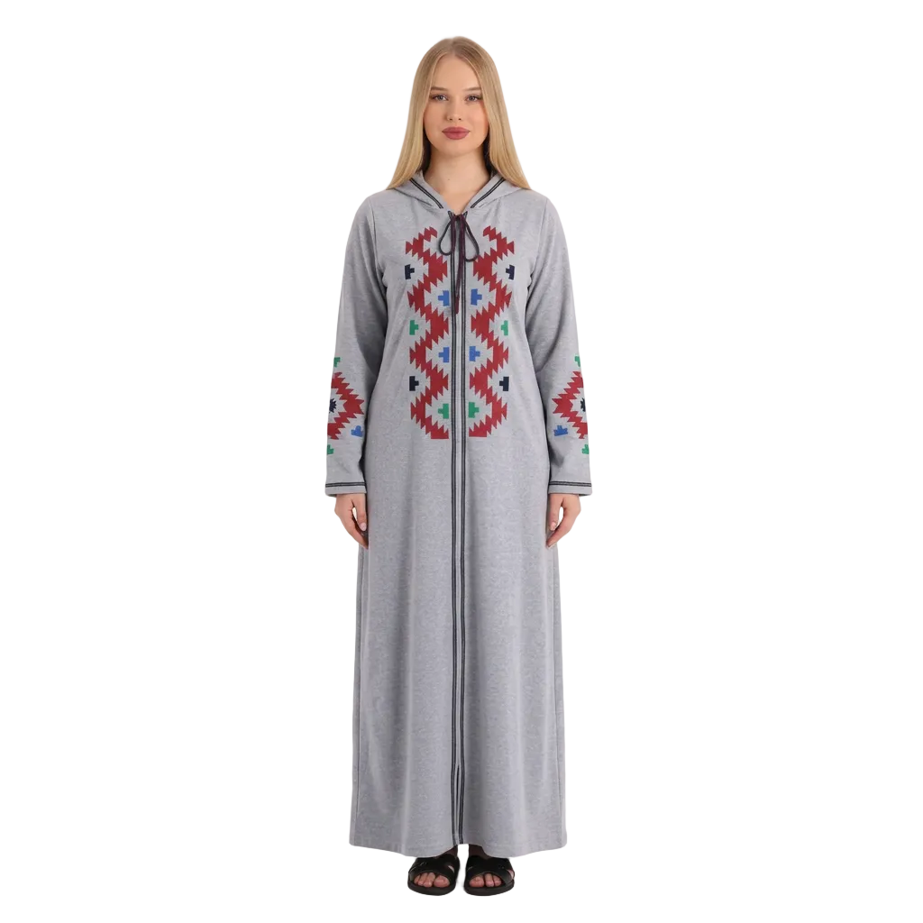 Our blonde model wearing this gray abaya