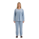 Same blonde model wearing the blue pajama set