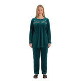 Same blonde model wearing the teal pajama set