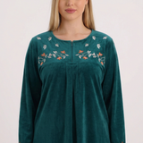 Teal pajama detail close-up on our blonde model