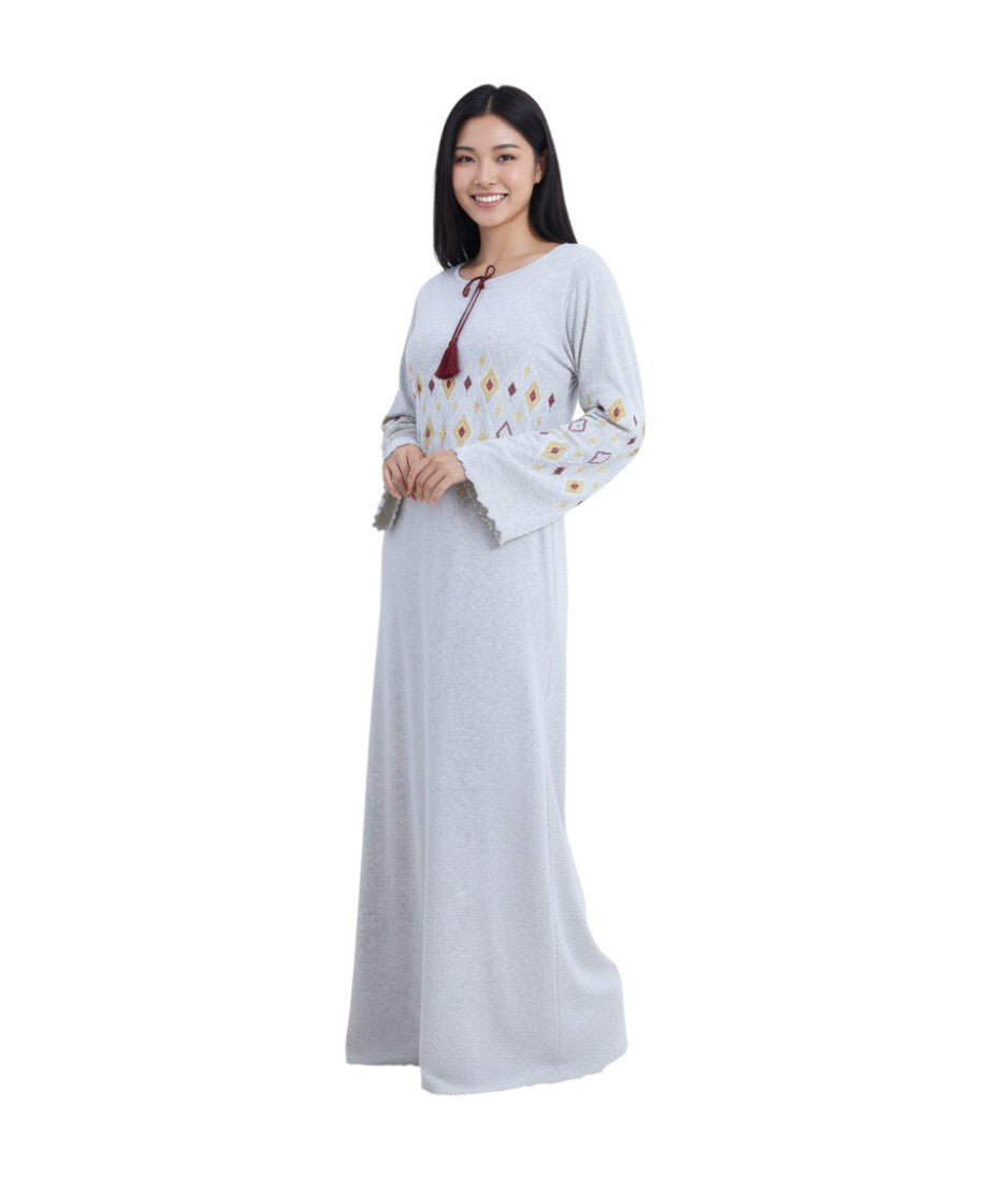 inter Velvet Nightgown Abaya – Soft Embroidered Night Dress with Flared Sleeves